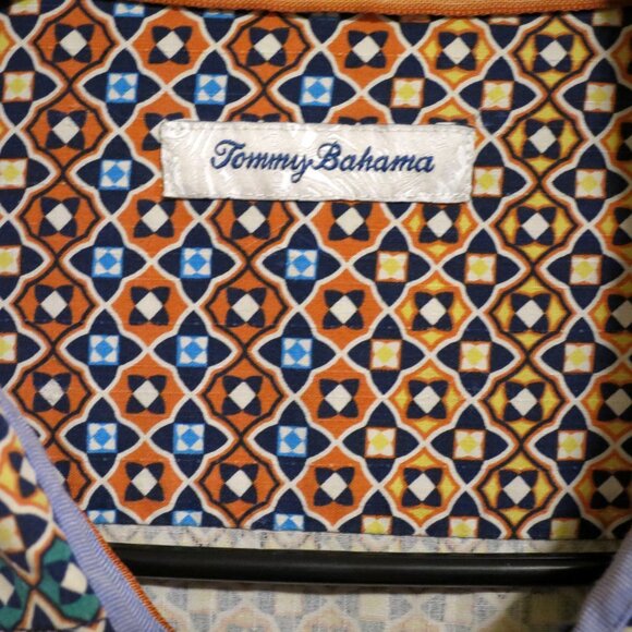 Tommy Bahama Shirt Mens Large Short Sleeve Button Silk Orange Yellow Stars - Picture 3 of 7